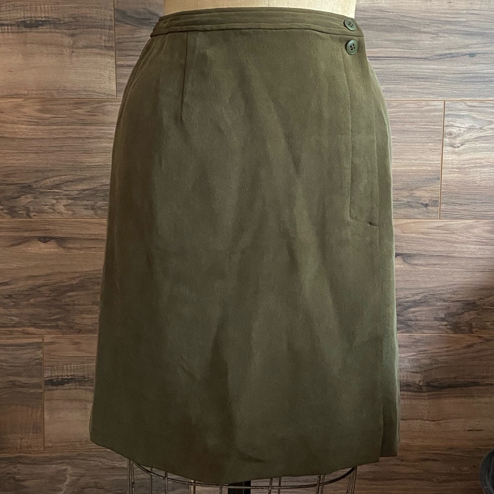 Vintage Silk Olive Green Wrap Skirt Mini Button